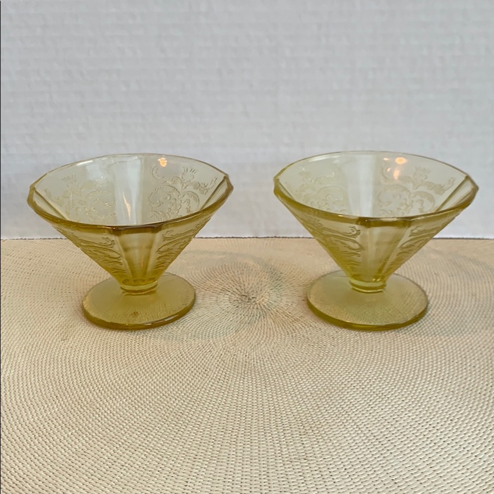 2 Yellow depression glass dessert bowls. VTG